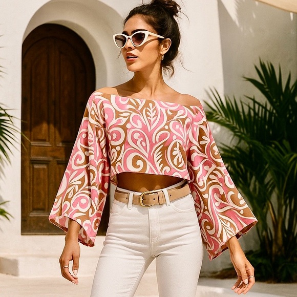 Linen Boho Retro Print Crop Top | Pink & Tan Off-Shoulder Wide Sleeve Blouse - Picture 3 of 9